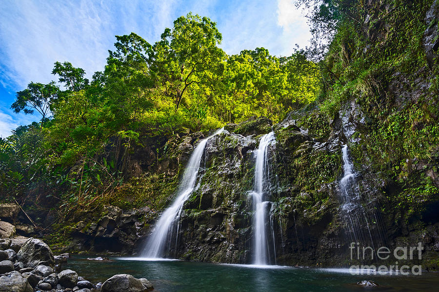 Waterfall Photograph - Sky and Water - the stunningly beautiful Upper Waikani Falls by Jamie Pham