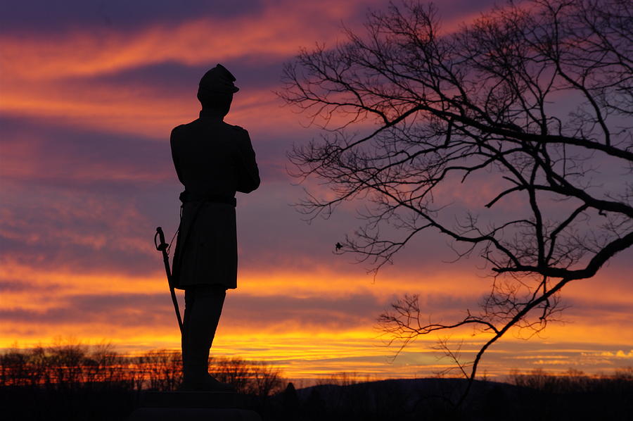 Sky Fire - 124th NY Infantry Orange Blossoms-1A Sickles Ave Devils Den Sunset Autumn Gettysburg Photograph by Michael Mazaika