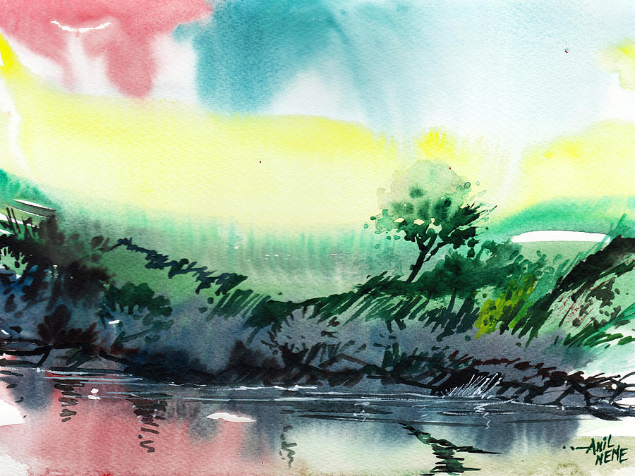 Sky N Lake Painting by Anil Nene