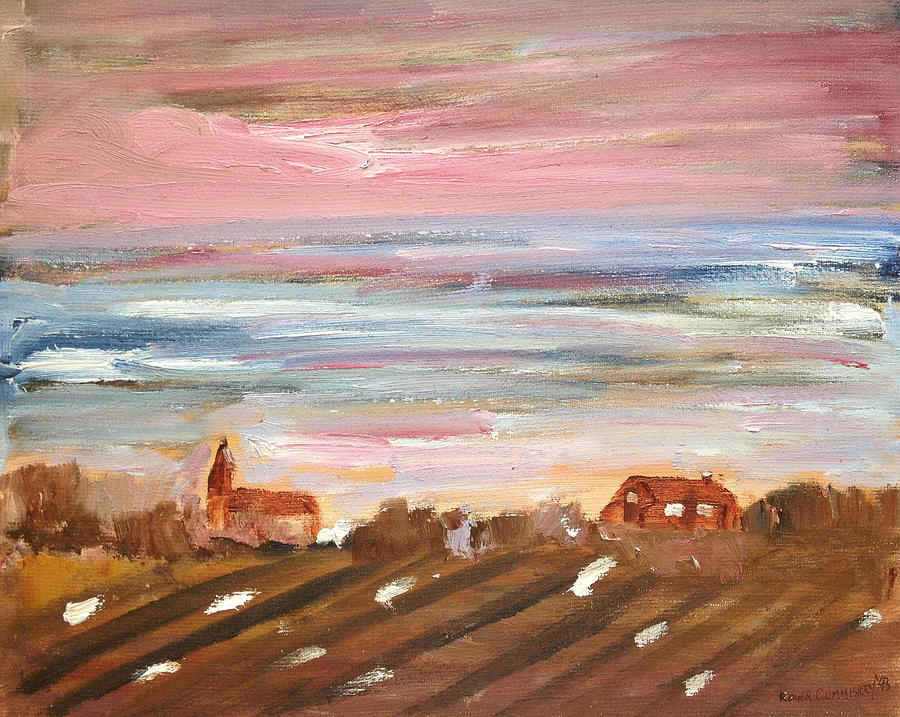 Sky over Village Painting by Roger Cummiskey