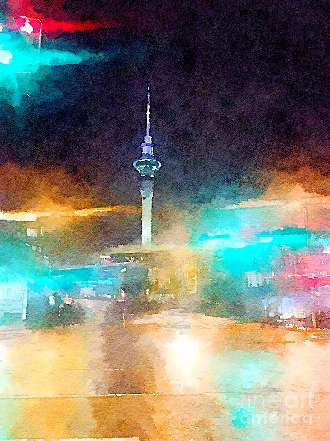 Sky Tower by night Painting by HELGE Art Gallery