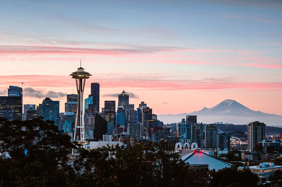 Skyline at dawn with Space Needle and Mt Rainier, Seattle, USA Photograph by Matteo Colombo
