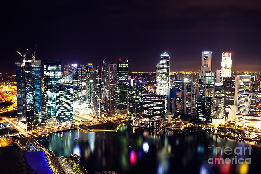 Skyline Photograph - Skyline of Singapore Financial District by Fototrav Print