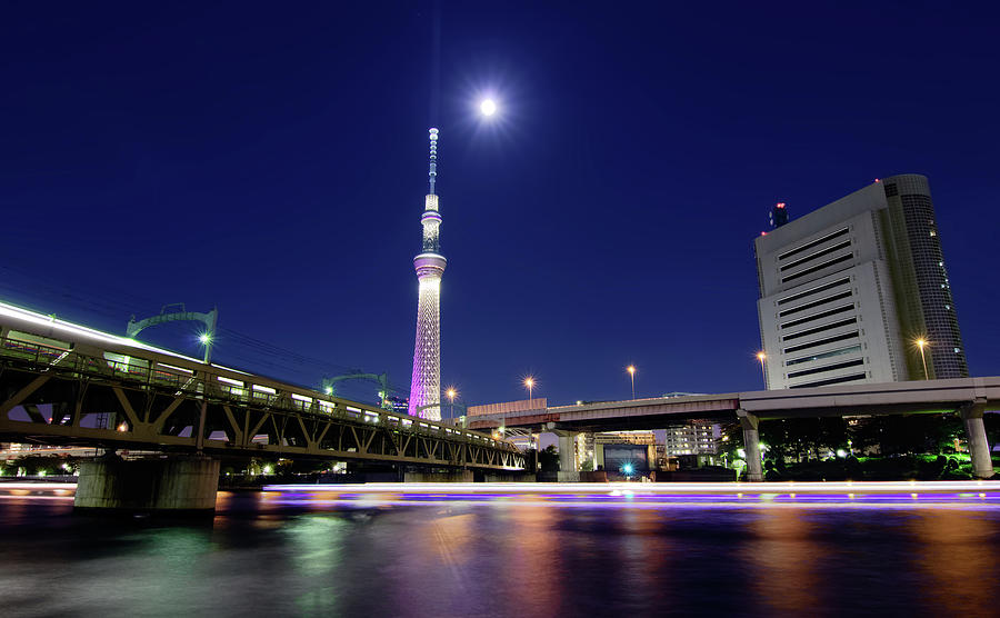 Skytree And Light Trails Over Sumida Photograph by Image Provided By Duane Walker