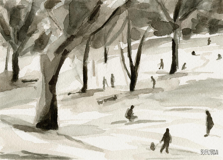 Sledding in the Snow Watercolor Painting of Central Park NYC Painting by Beverly Brown