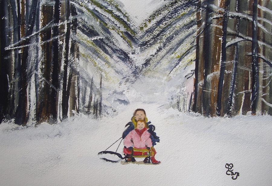 Sledging in the wood Painting by Carole Robins