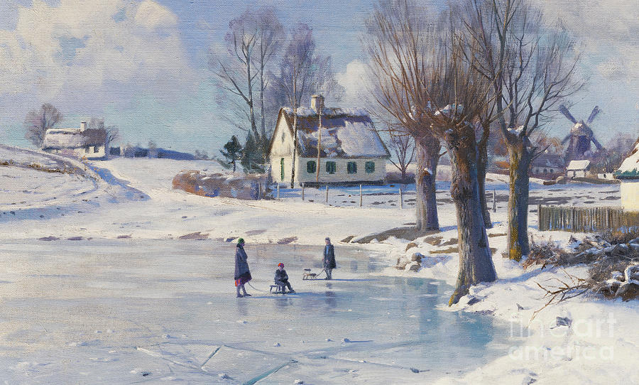 Peder Monsted Painting - Sledging on a Frozen Pond by Peder Monsted