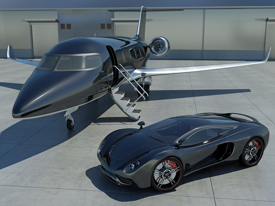 Sleek black sports car and black corporate jet Photograph by Mevans