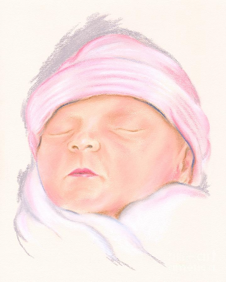 Sleeping Baby in a Pink Hat Pastel by MM Anderson