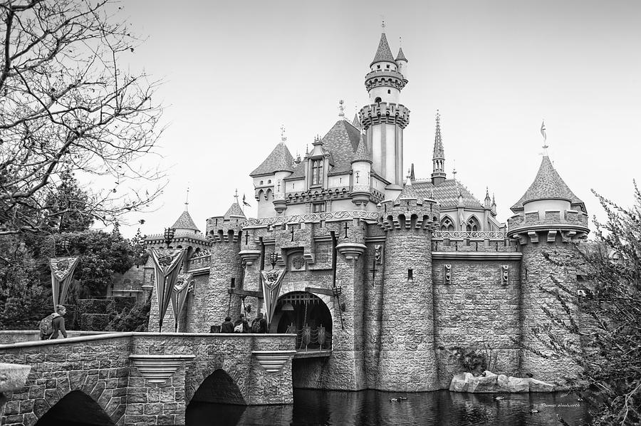 Castle Photograph - Sleeping Beauty Castle Disneyland Side View BW by Thomas Woolworth