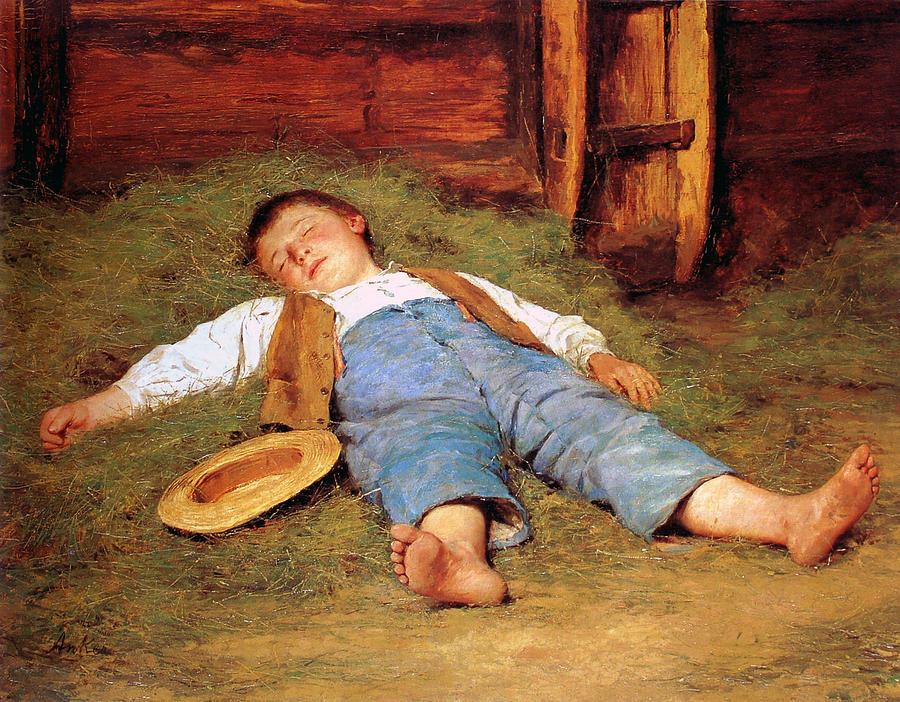 Sleeping boy in the hay Painting by Albert Anker