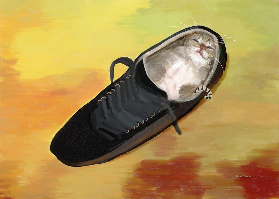 Sleeping Kitten in a Shoe Painting by Angela Stanton