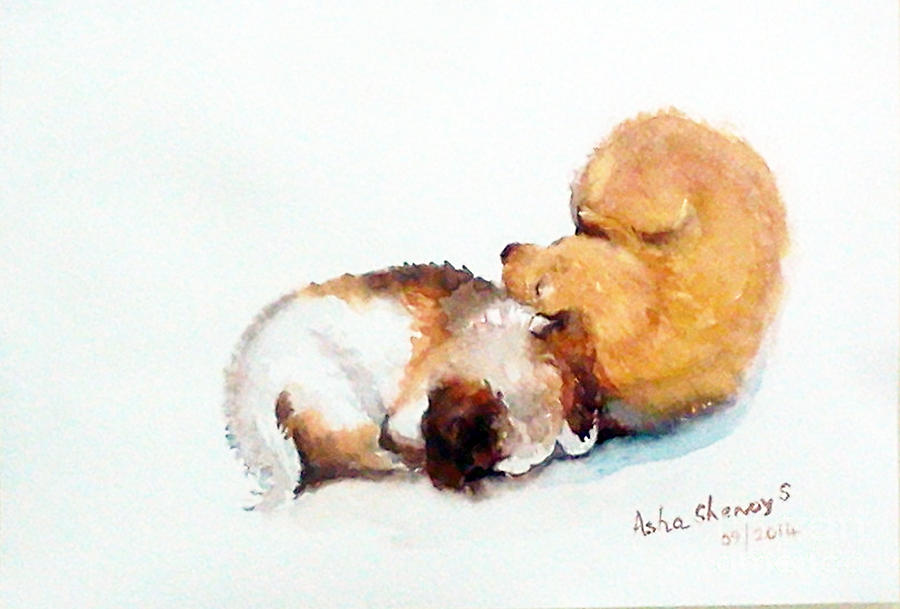 Puppies Painting - Sleeping puppies by Asha Sudhaker Shenoy