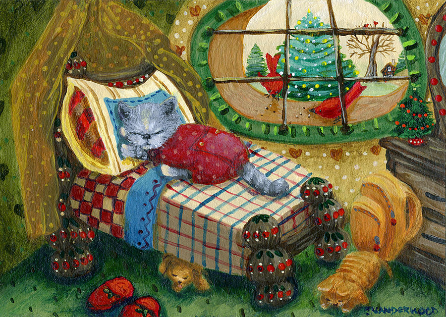 Sleepy Christmas Kitty Painting by Jacquelin L Westerman