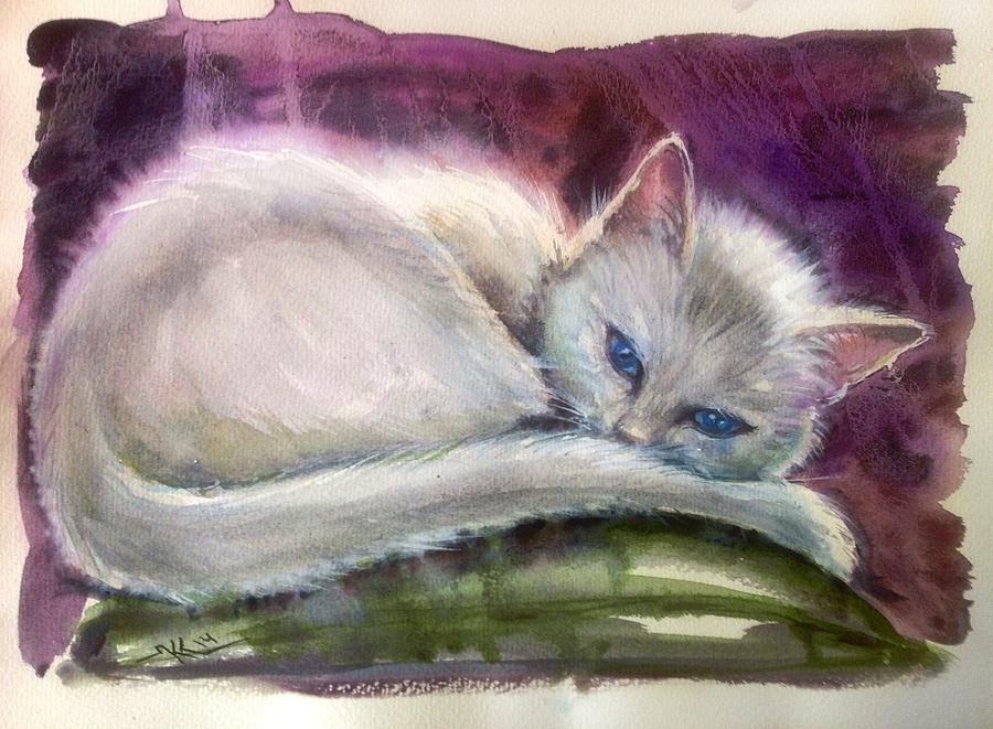 Sleepy white cat Painting by Katerina Kovatcheva