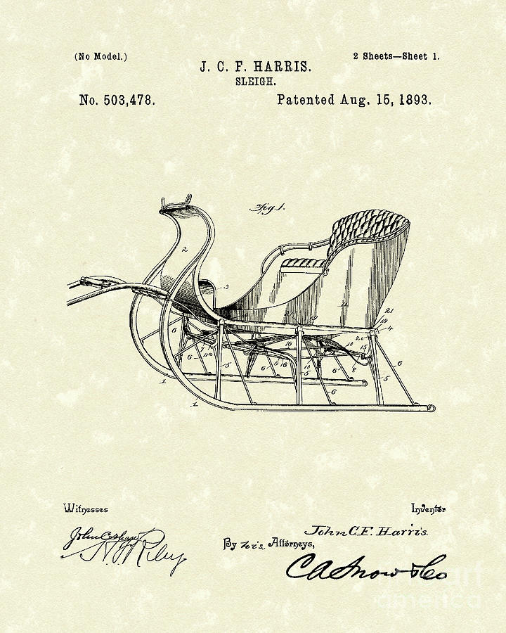Harris Drawing - Sleigh 1893 Patent Art by Prior Art Design