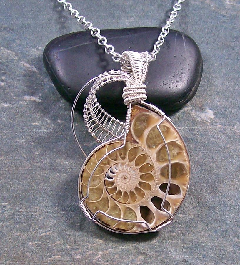 Necklace Jewelry - Sliced Ammonite Fossil and Silver Lattice Pendant by Heather Jordan