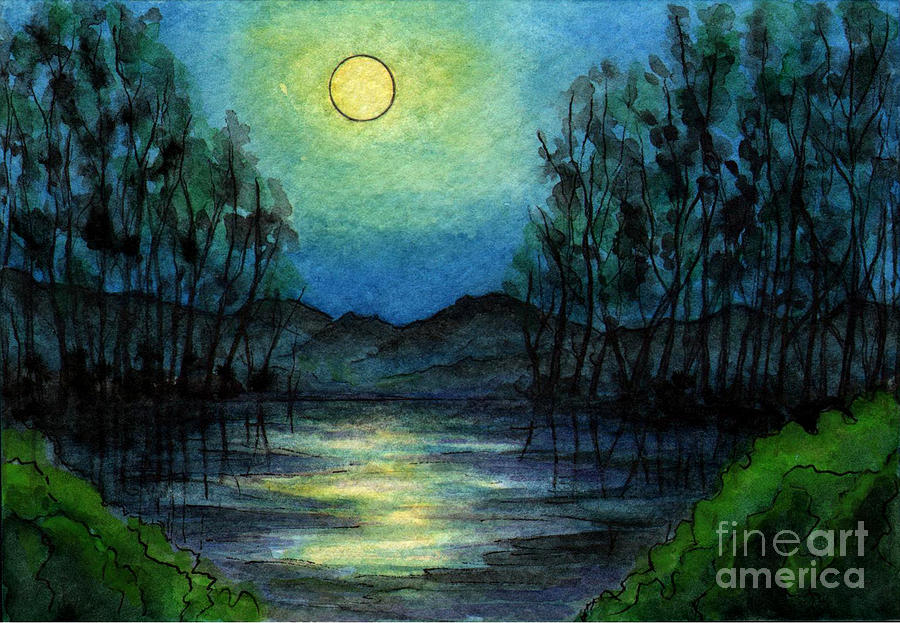 Tree Painting - Sm014 Full Moon Over Lake by Kirohan Art