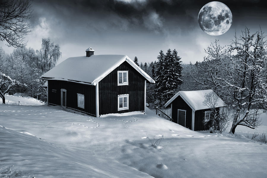 Small Antique Cottages And Full Moon Photograph by Christian Lagereek