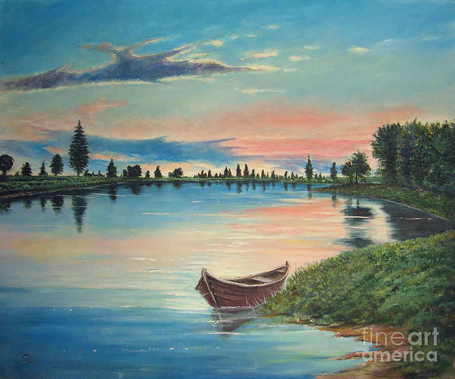 Small boat on the lake Painting by Osi