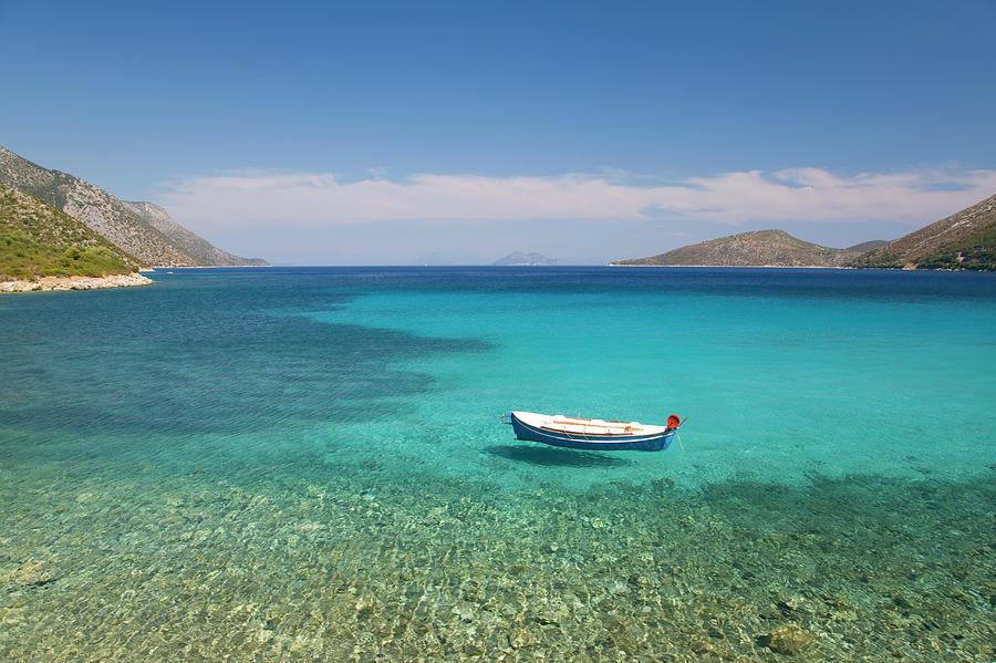 Small Boat On Turquoise Sea, Vathy Photograph by David C Tomlinson