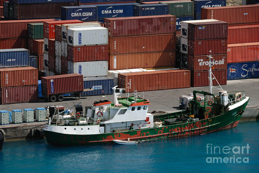 Transportation Photograph - Small Boat with Cargo Containers by Amy Cicconi