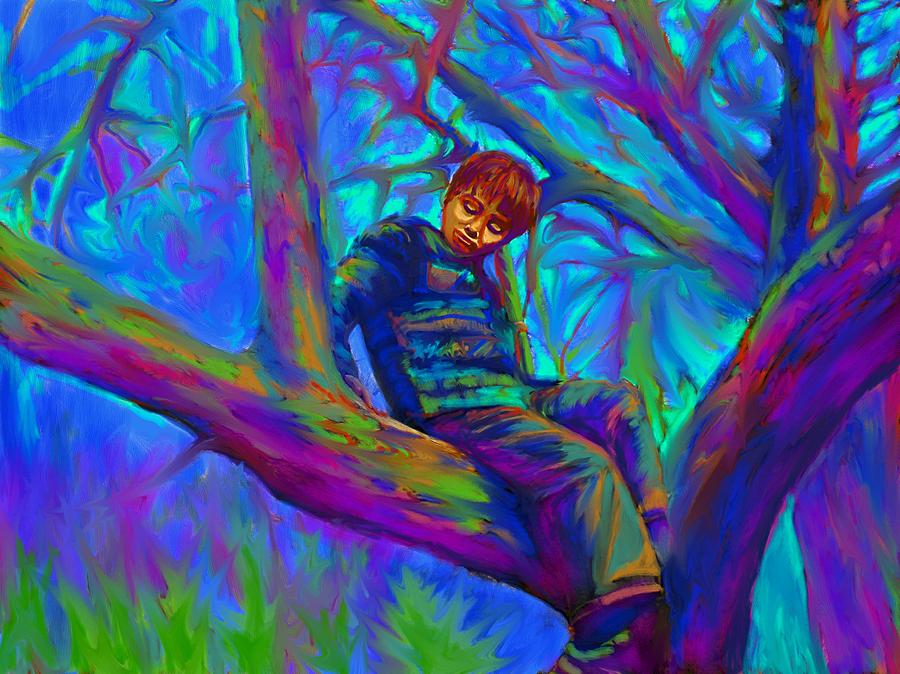 Small boy in large tree Painting by Hidden  Mountain