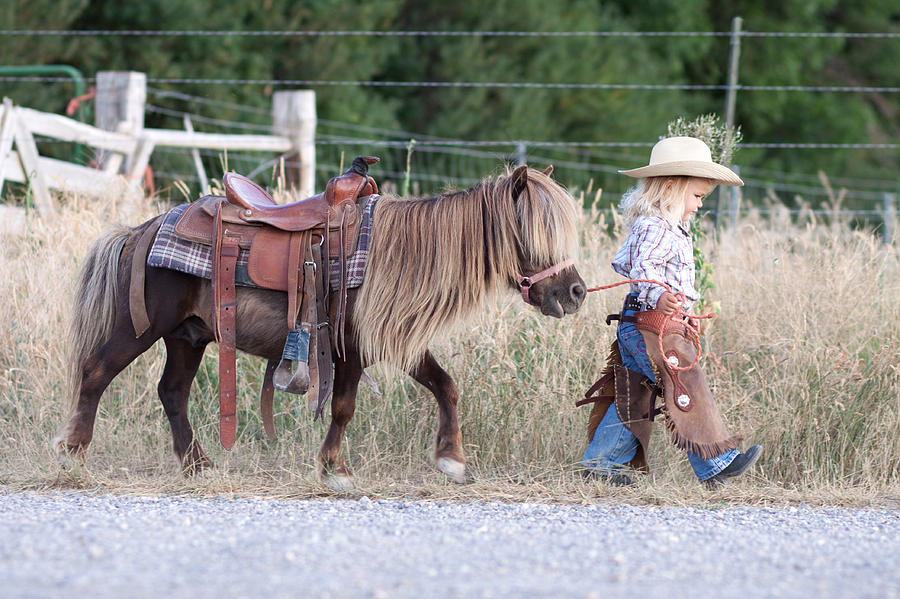 Small child in cowboy outfit with cute hairy pony on a lead Photograph by DaydreamsGirl