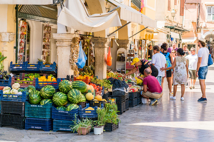Small fruit and vegetable shop in the Corfu Old town, Greece Photograph by Holgs
