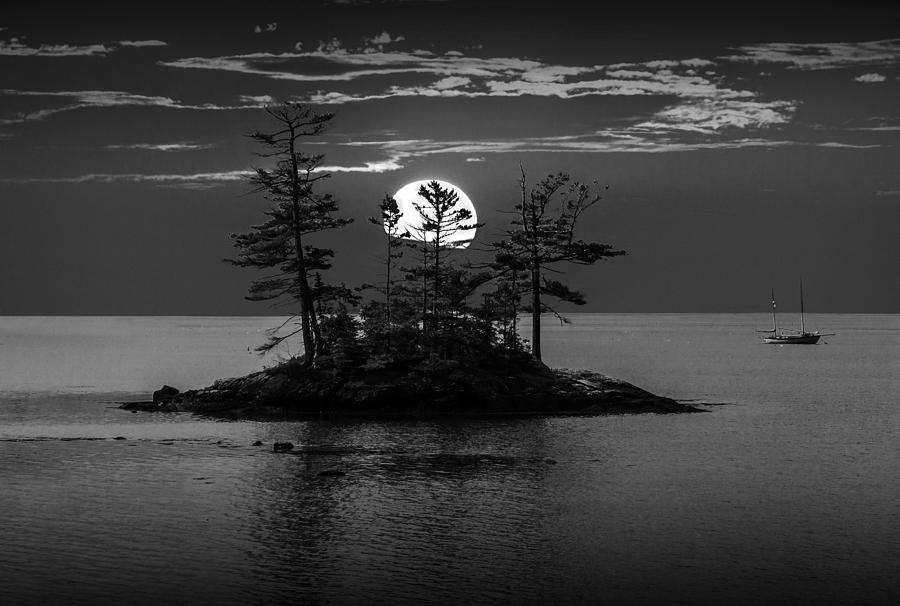 Small Island At Sunset In Black And White Photograph