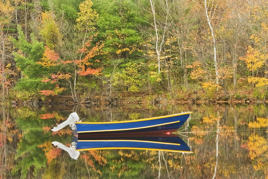 Small Motor Boat in Fall Torsey Pond Readfield Maine Photograph by Keith Webber Jr