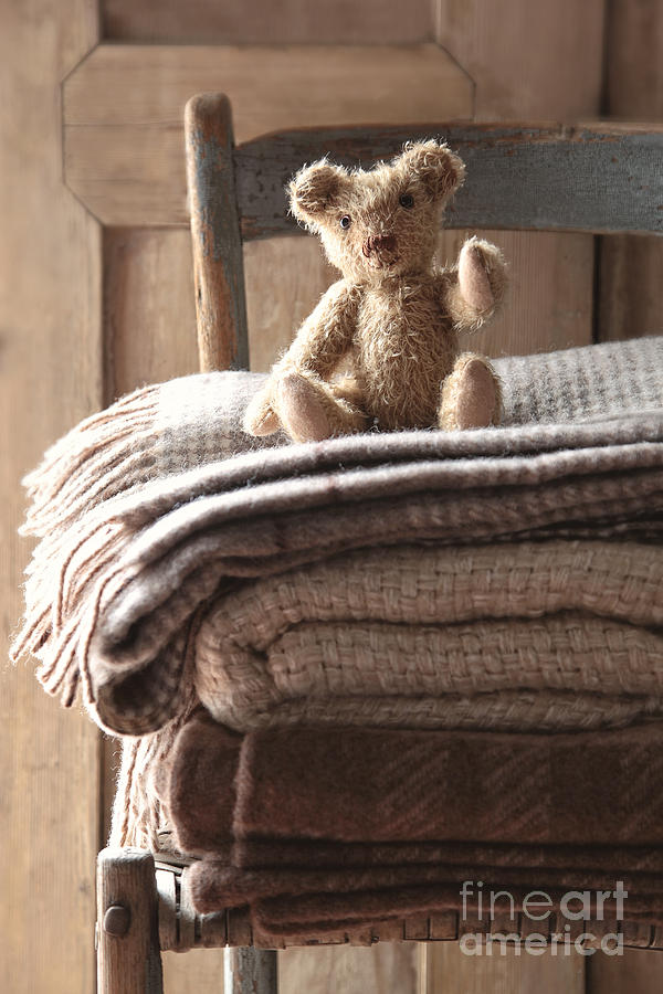 Small teddy bear on chair with wool blankets Photograph by Sandra Cunningham