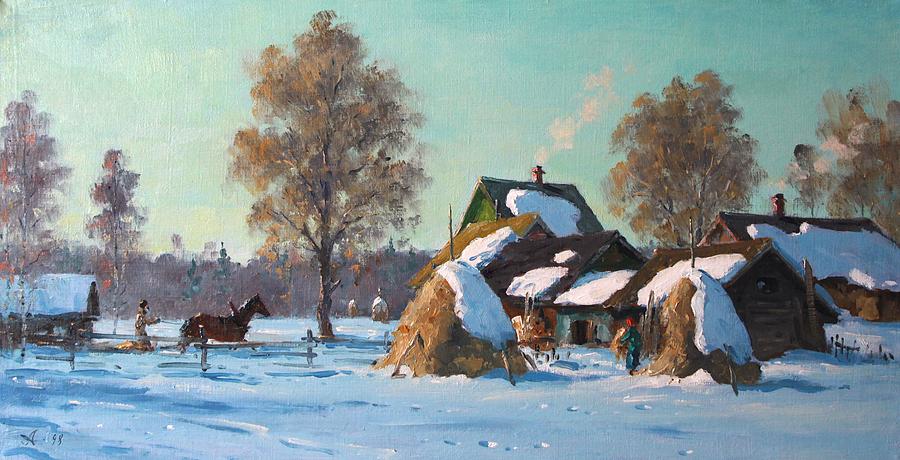 Winter Painting - Small Village in winter by Alexander Alexandrovsky