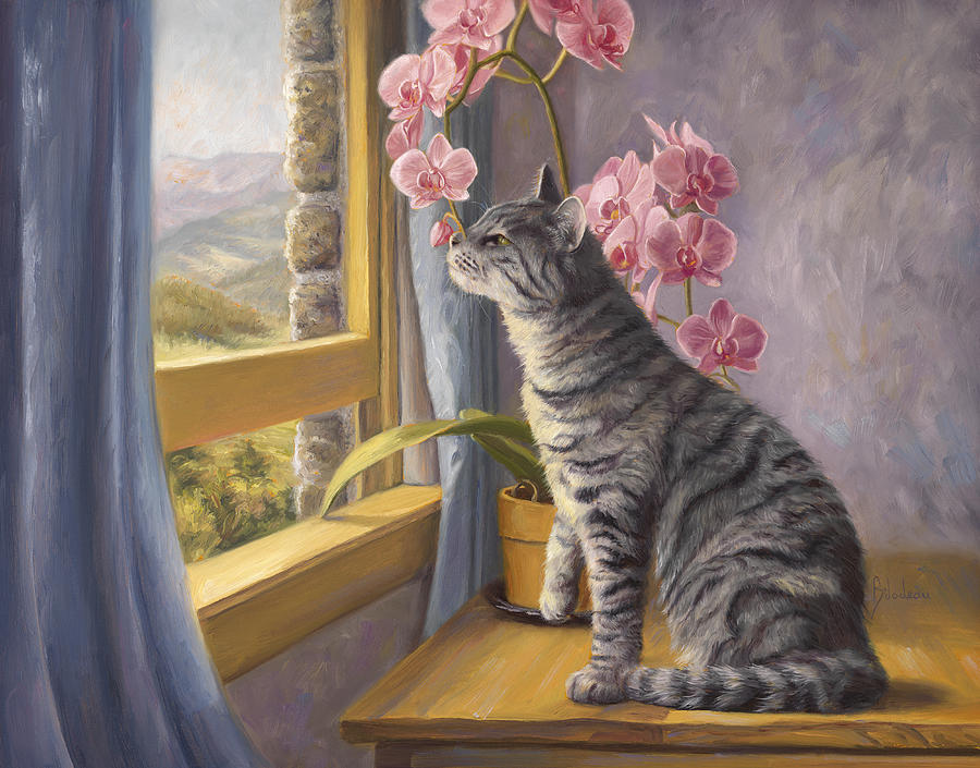 Cat Painting - Smelling The Flowers by Lucie Bilodeau