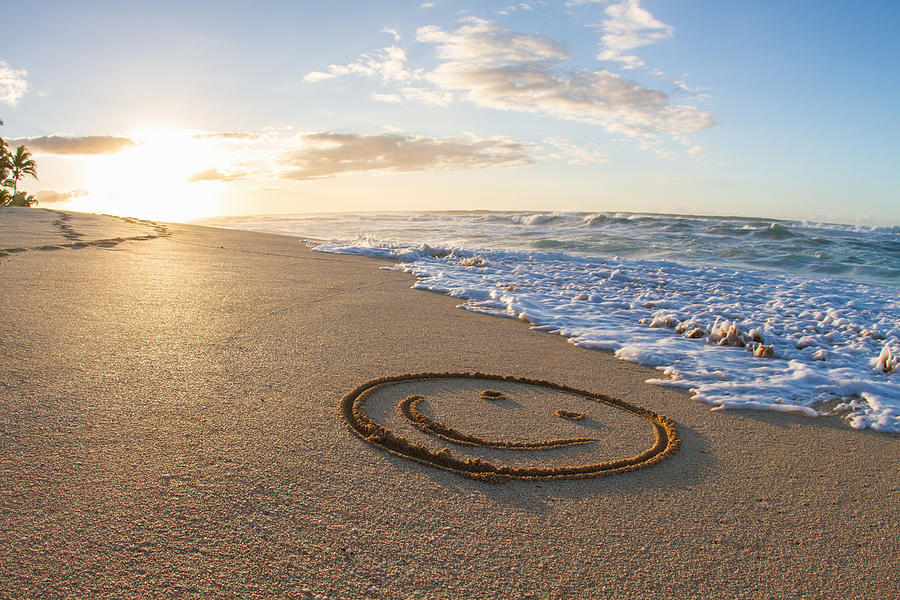 Smiley face, drawn in sand, sunset, Hawaii Photograph by Philip Waller