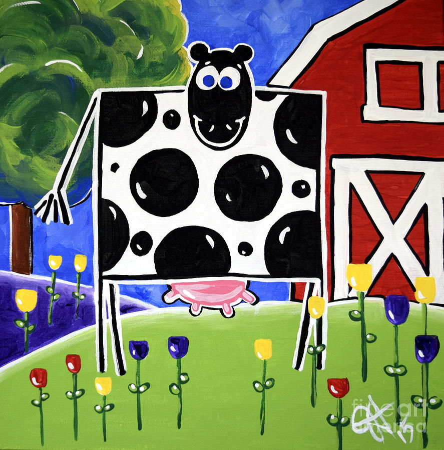 Smiley Dairy Cow Red Barn Tulips Children Kids Farmer Rancher FUN Painting by Jackie Carpenter
