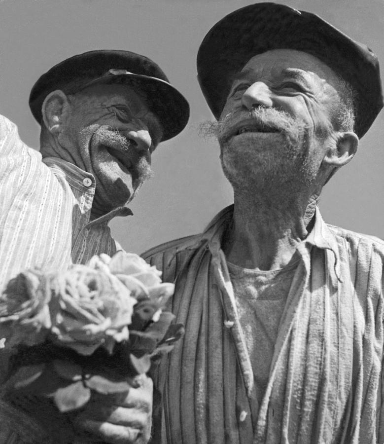 Black And White Photograph - Smiling French Peasant Men by Underwood Archives