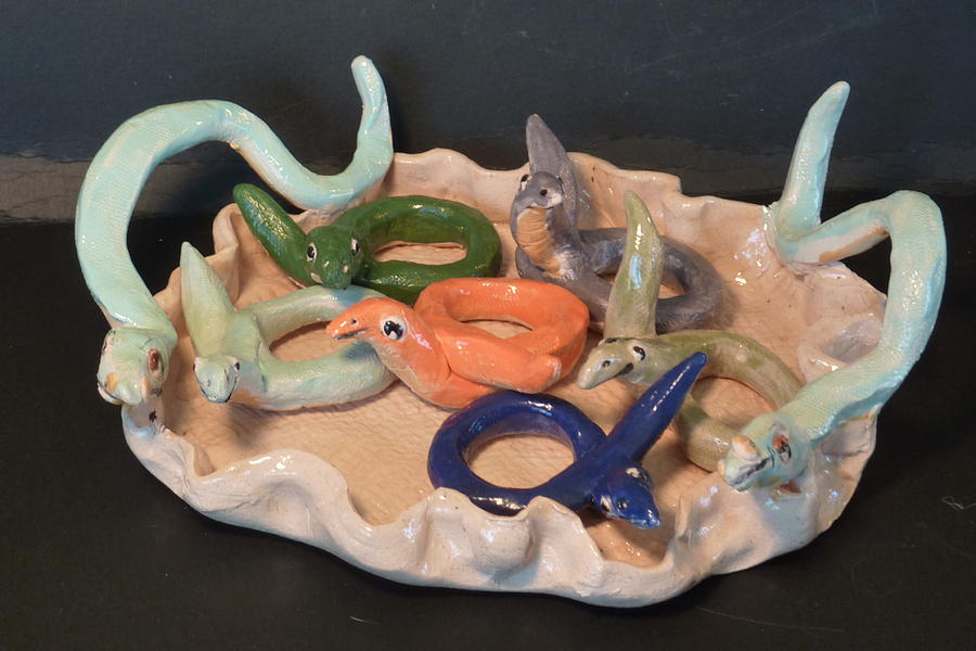 Snake Sculpture - Smiling Snake 6 Napkin Rings and Lace Tray by Debbie Limoli