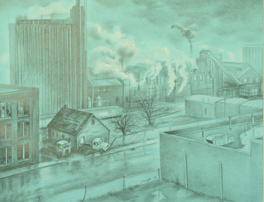Urban Landscape Drawing - Smoking Factory by Todd Snyder