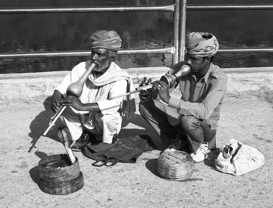 Cobra Photograph - Snake Charmer and Apprentice BW by C H Apperson