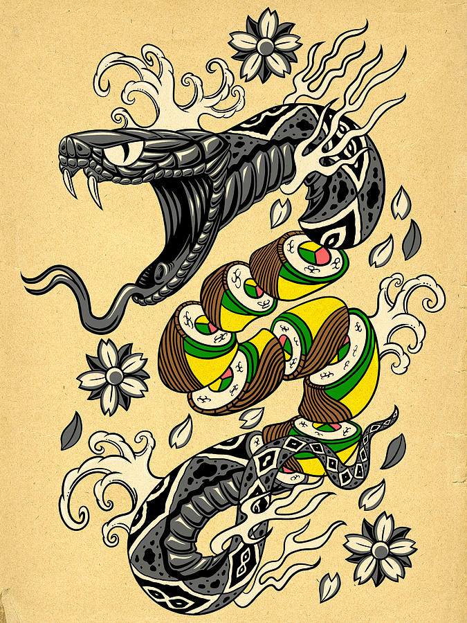 Snake Roll - Japanese Style Tattoo Snake W/ Snake Roll Sushi Digital ...