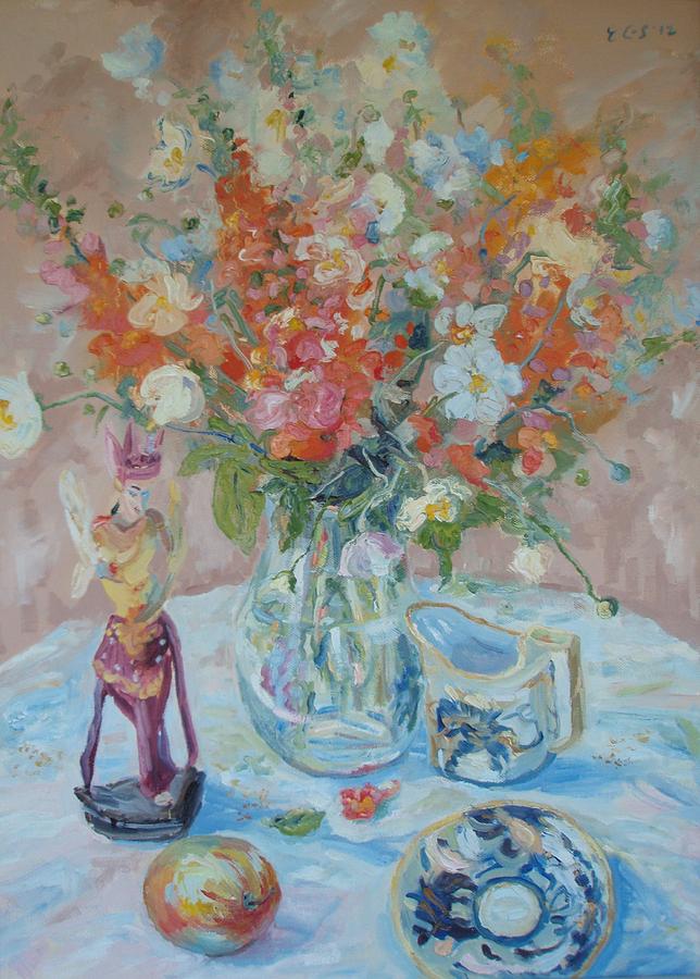 Snapdragons and Balinese Figure Painting by Elinor Fletcher