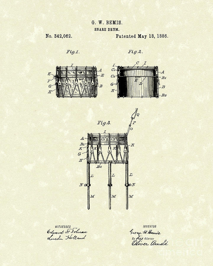 Bemis Drawing - Snare Drum 1886 Patent Art by Prior Art Design