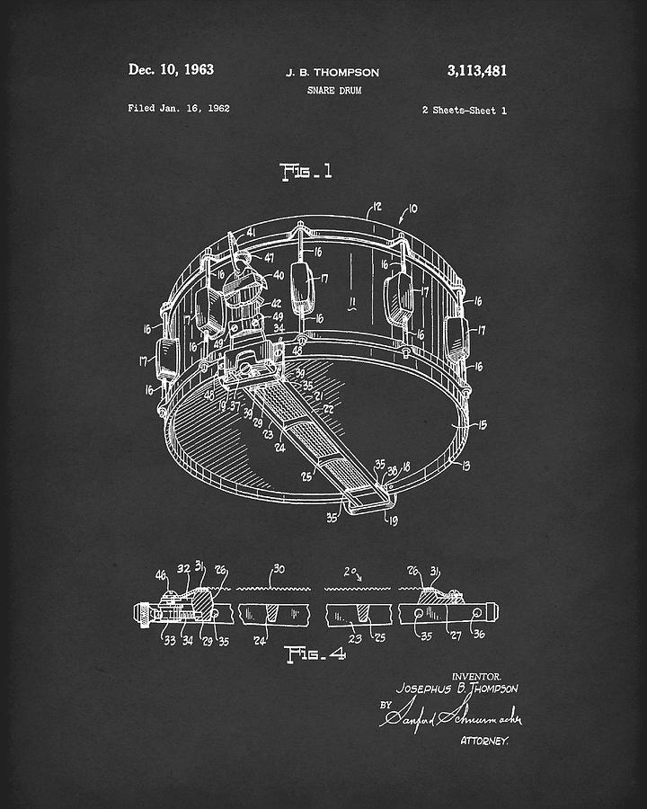 Snare Drum 1963 Patent Art Black Drawing by Prior Art Design