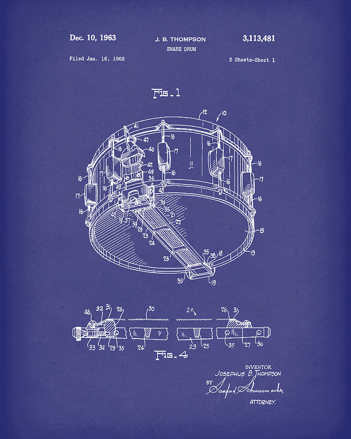 Snare Drum 1963 Patent Art Blue Drawing by Prior Art Design