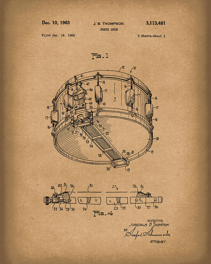 Snare Drum 1963 Patent Art Brown Drawing by Prior Art Design
