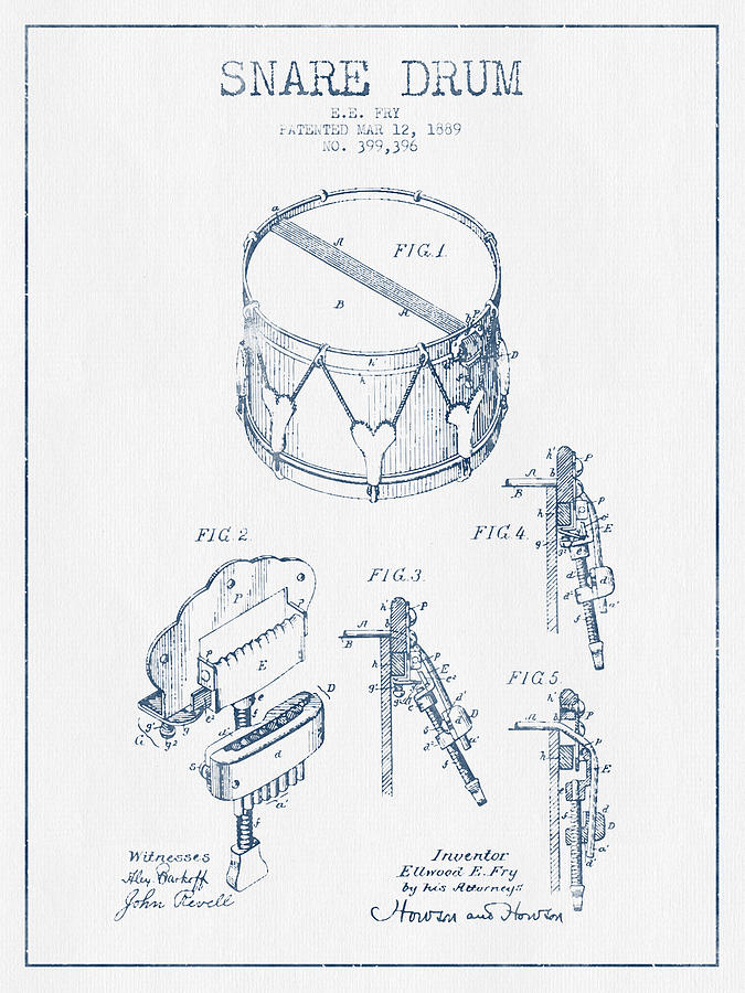 Snare Drum Patent Drawing From 1889 - Blue Ink Digital Art