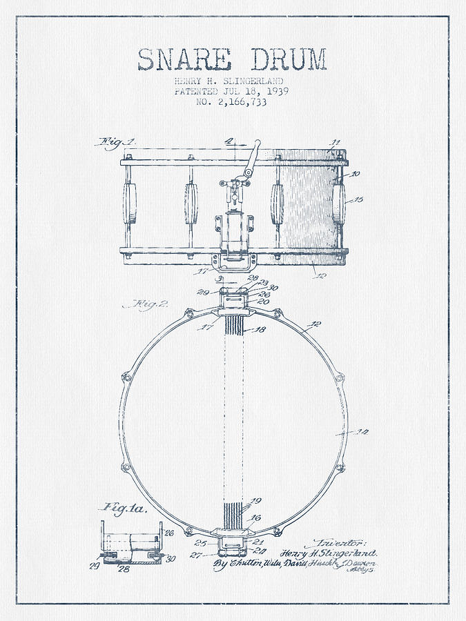 Music Digital Art - Snare Drum Patent Drawing from 1939 - Blue Ink by Aged Pixel