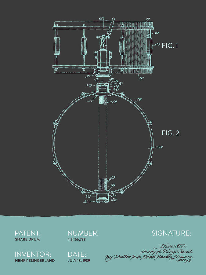 Snare Drum Patent From 1939 - Modern Gray Blue Digital Art