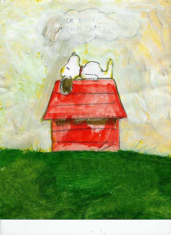 Dog Painting - Snoopy Asleep on Red Doghouse by David Lovins